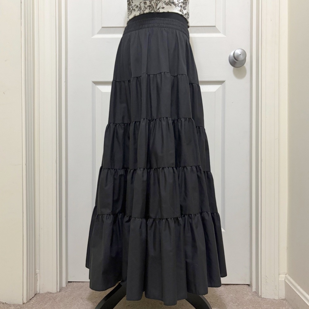 Vintage Malco Modes Black Tiered Midi Skirt Small USA Made Prairie Rockabilly - Picture 3 of 11